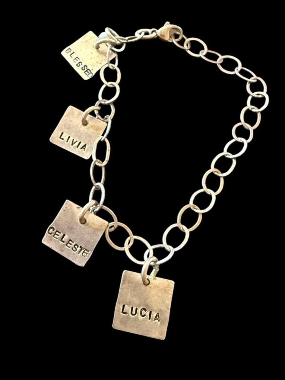 925 Sterling Silver Hand Stamped Charm Bracelet Blessed Names Pearl Drop⁠ 7.5”